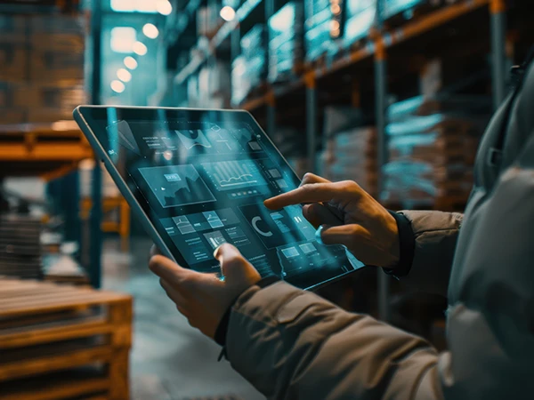 A worker in a warehouse checks the tablet