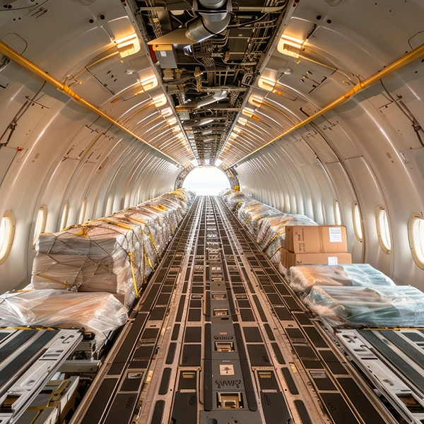 Vista interna di un aereo cargo con merci