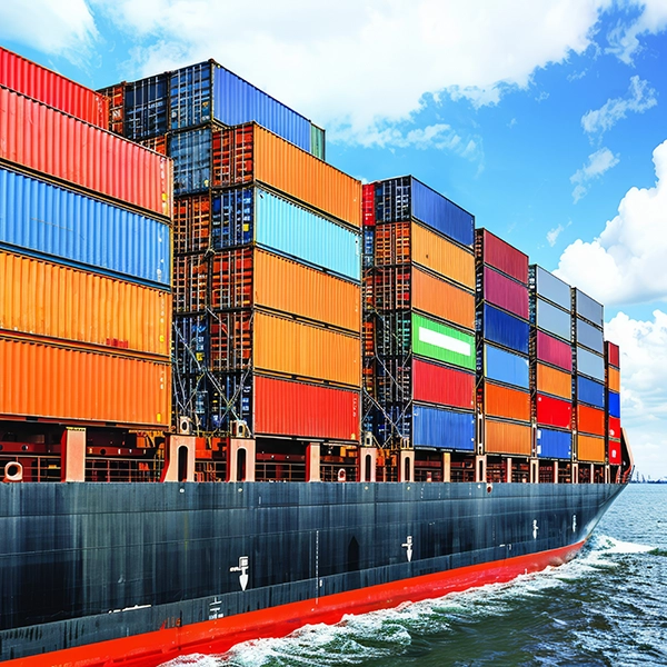 Una veduta laterale di una nave che trasporta merci