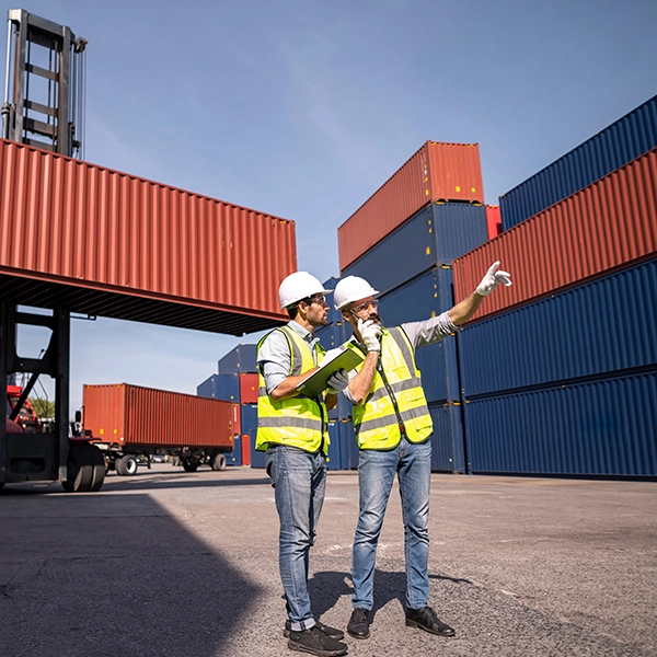 Due operatori logistici controllano il posizionamento dei container