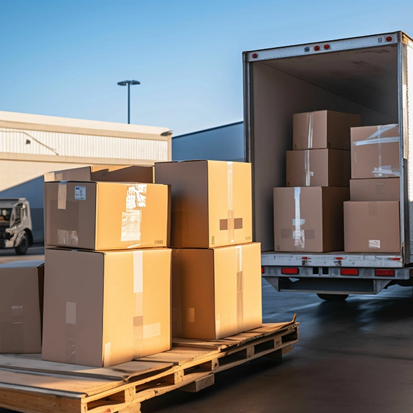 Scatole pronte per la spedizione davanti al camion