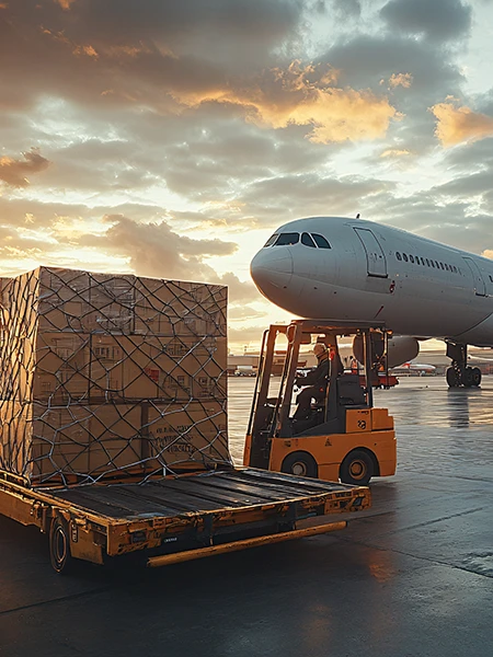A cargo plane with pallets in the foreground